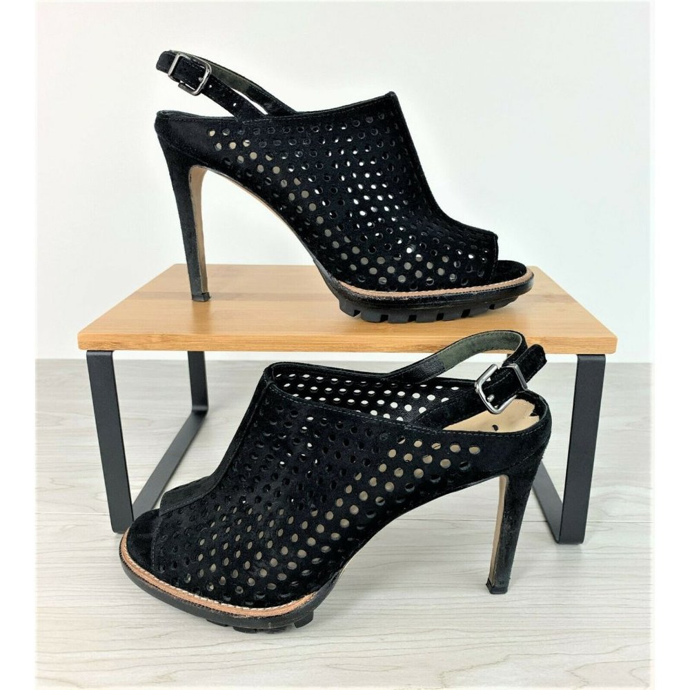 Via Spiga Tasa Black Suede Perforated Peep Toe Shoes